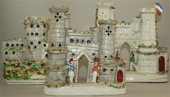 Three Staffordshire porcelaneous models of Crimean War Castles, c.1855, 20 - 24.5cm